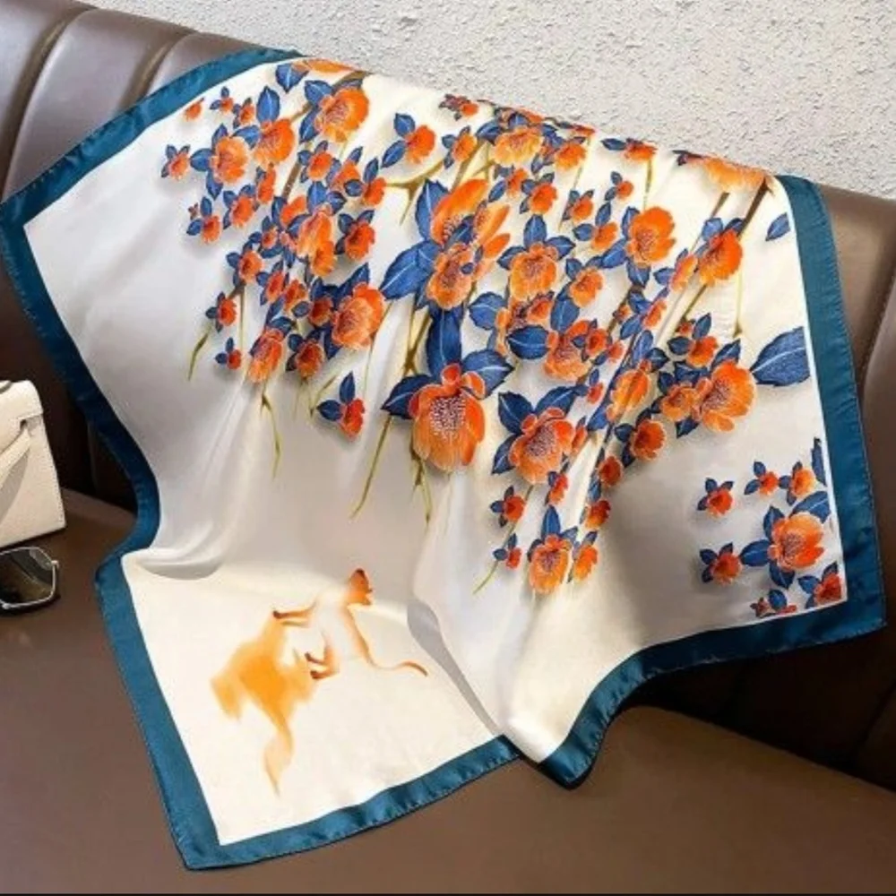 Floral Silk Scarf in Blue and Orange